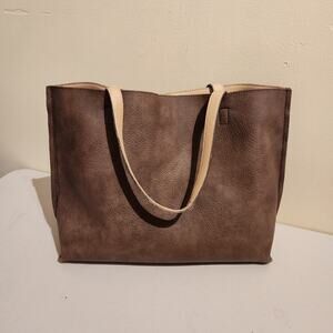 Reversible Brown Tote Bag - Vegan Leather Womens Shoulder Tote with Wristlet